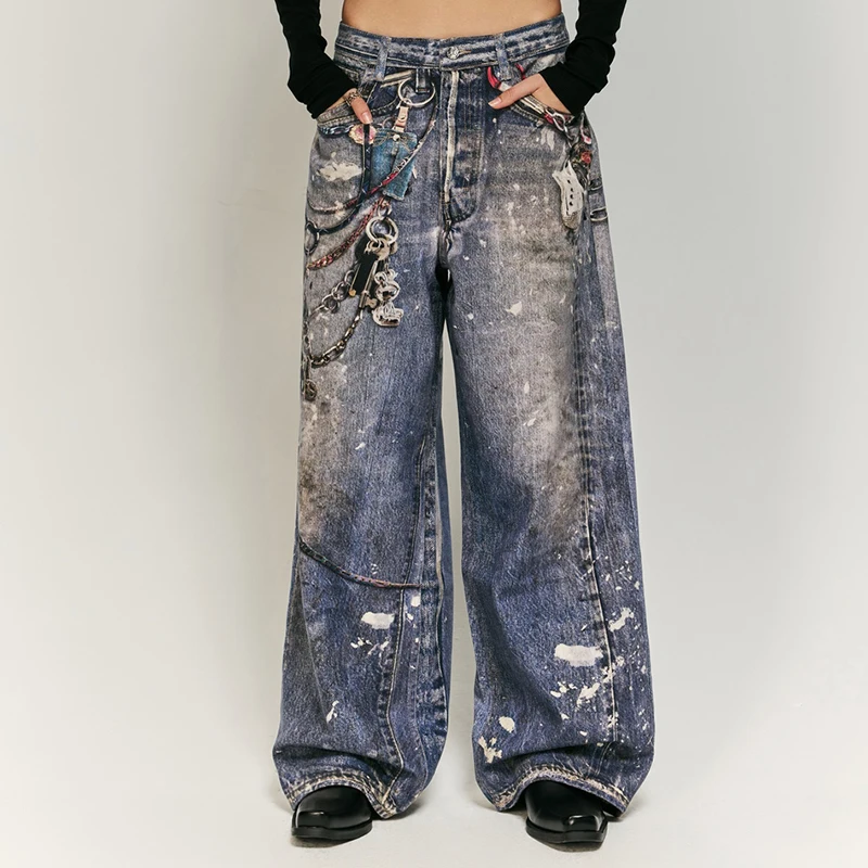 American Street Inkjet Digital Printing Jeans pour hommes et femmes, Automne, Hiver, Marque de mode, At Cool Straight, Hip Hop, Fjj