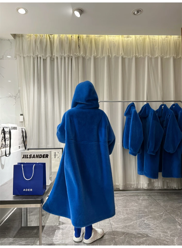 Lautaro Winter Long Oversized Warm Thick Blue White Fluffy Faux Fur Coat Women with Hood 2022 Loose Casual Korean Style Fashion
