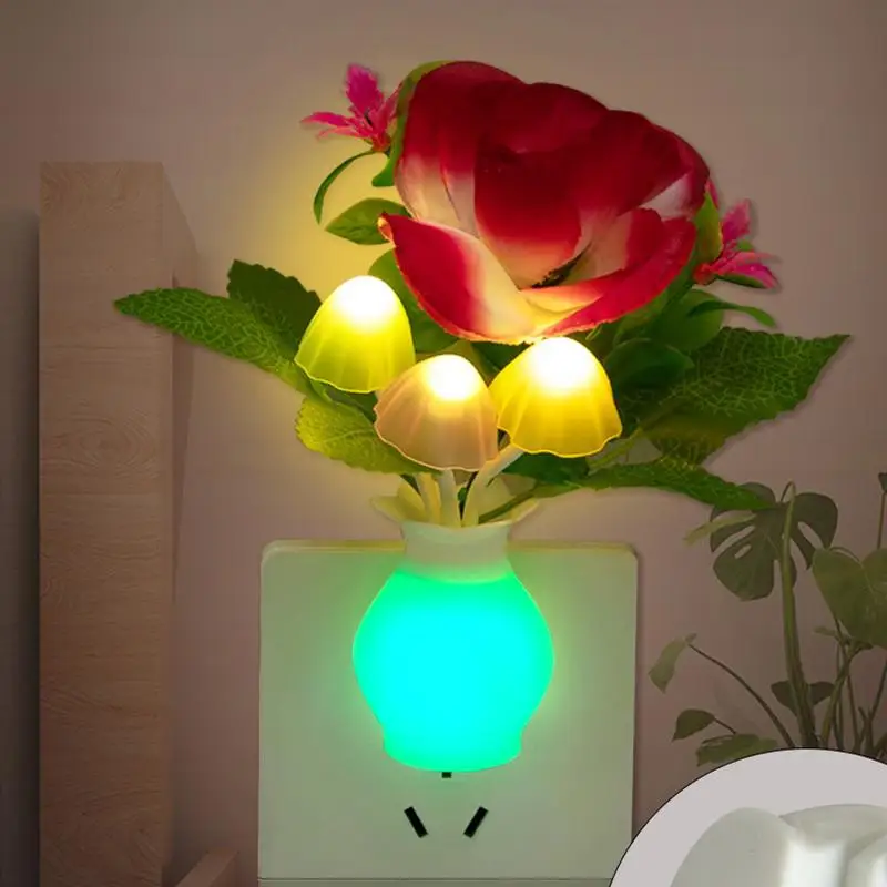 Rose Flower Mushroom Colorful LED Night Light Romantic Decor Atmosphere Lamp Light Sensor Energy Saving Socket Lamp US/EU Plug