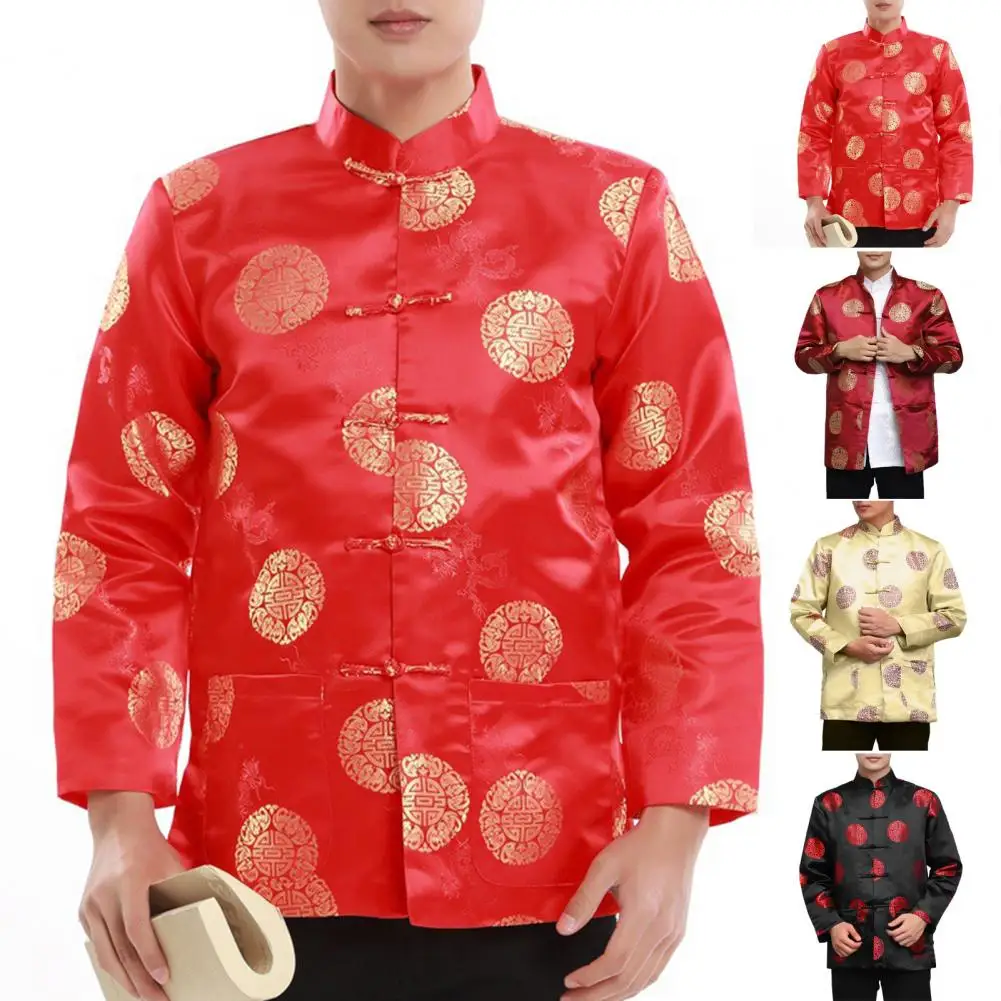 

Retro Tang Suit Top Chinese Style Stand Collar Tang Suit Top for Elderly Men Festive Long Sleeve Satin Smooth New Year Attire