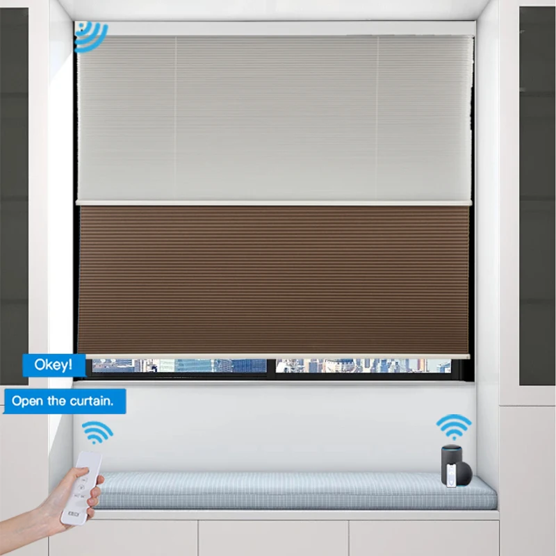 Double Motor Control Wholesale Zigbee Electric Cellular Blinds Double-layer Fabric Double-track 100% Blackout Waterproof