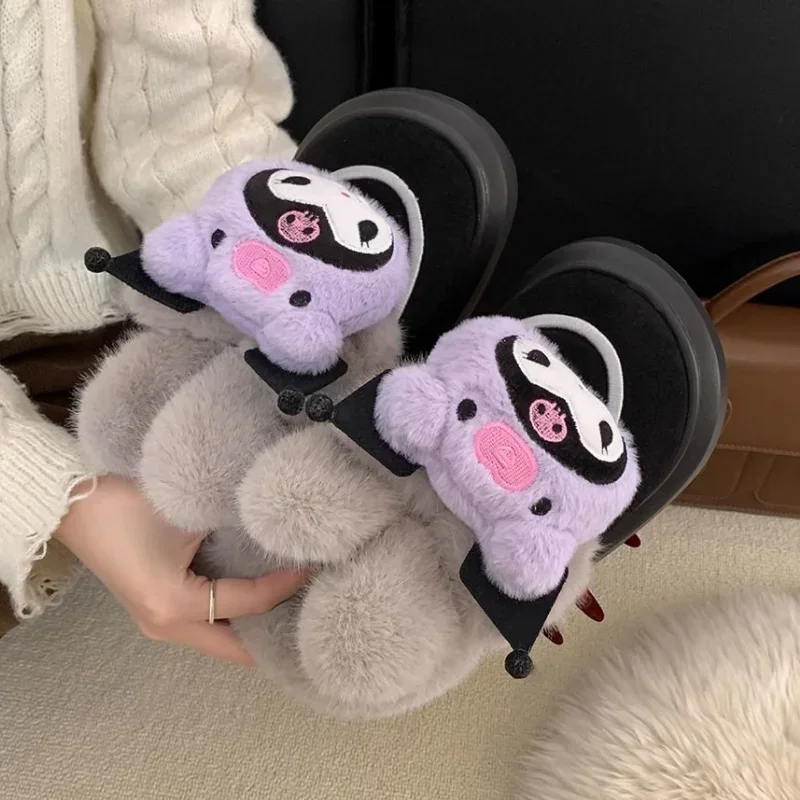 Sanrio kuromi inverno nova menina dos desenhos animados criativo kawaii mais veludo engrossado quente peludo antiderrapante chinelos de algodão presente do feriado