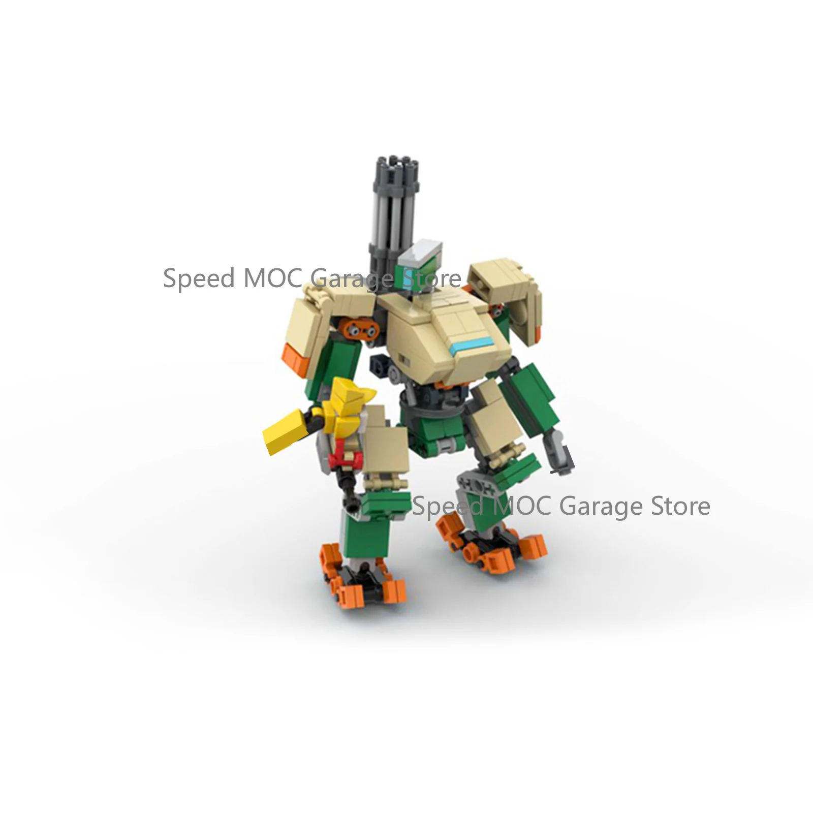 High-Detail Green-Yellow Heavy Gunner Mecha MOC Set, Sci-Fi Sentry Robot Building Blocks, Articulated Combat Mech with Multi