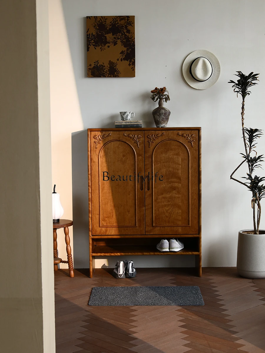 

Solid Wood Shoe Cabinet Simple Large Capacity Layered Retro Cherrywood Log Hallway Storage Cabinet