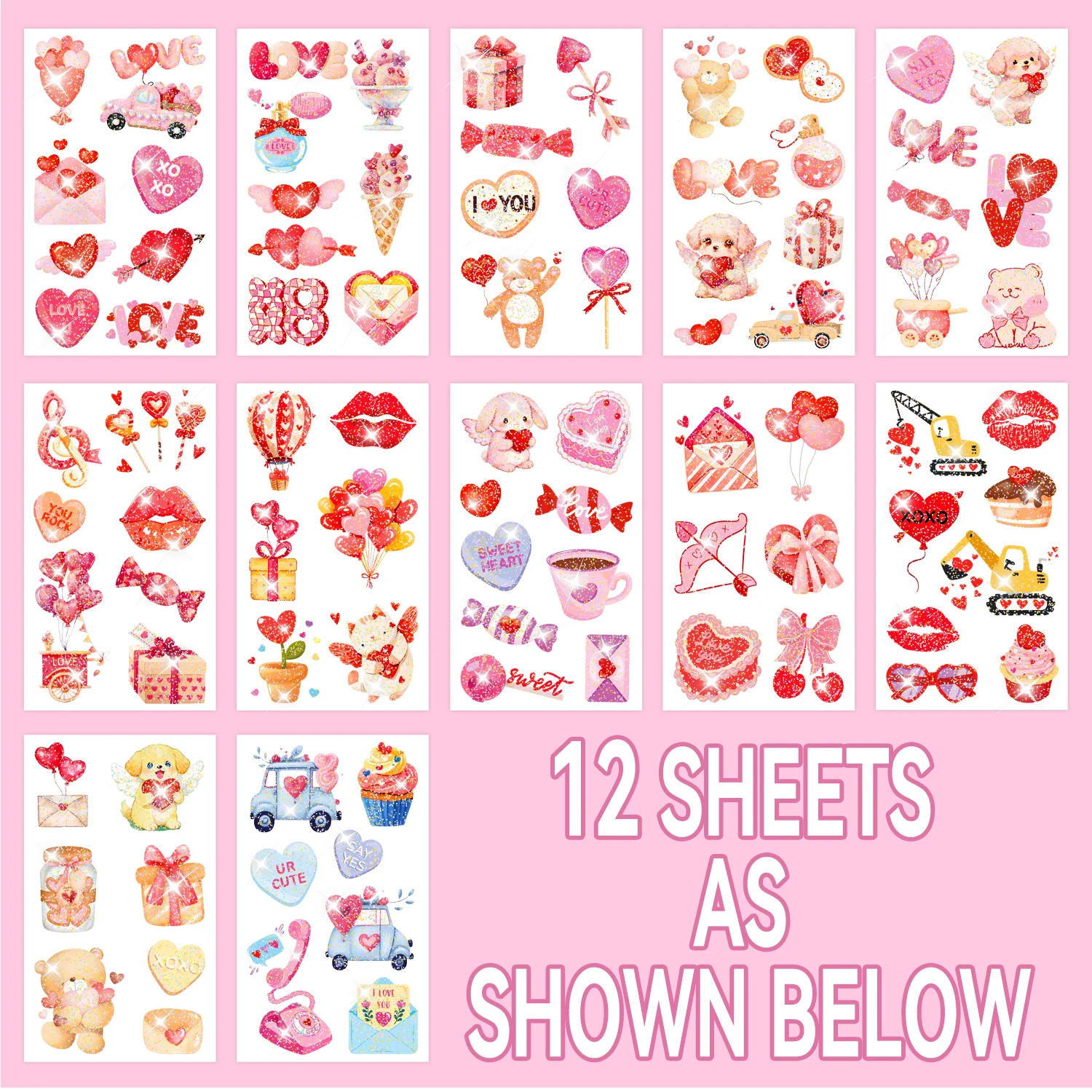 12 ورقة من الوشم المؤقت لعيد الحب بأنماط لامعة، مستلزمات حفلات عيد الحب المفضلة لحقيبة الهدايا، وعيد الحب #6