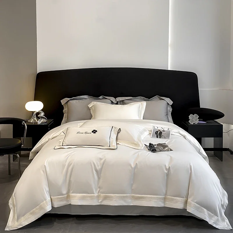 Egyptian Cotton Hollow Edge Luxury Bedding Set, White, Grey, Pink, Blue,1 Duvet Cover,2 Pillowcases,1 Flat Sheet Or Fitted Sheet
