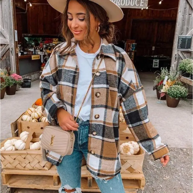 Autumn street temperament Europe and the United States long-sleeved lapel loose type women's plaid shirt long coat