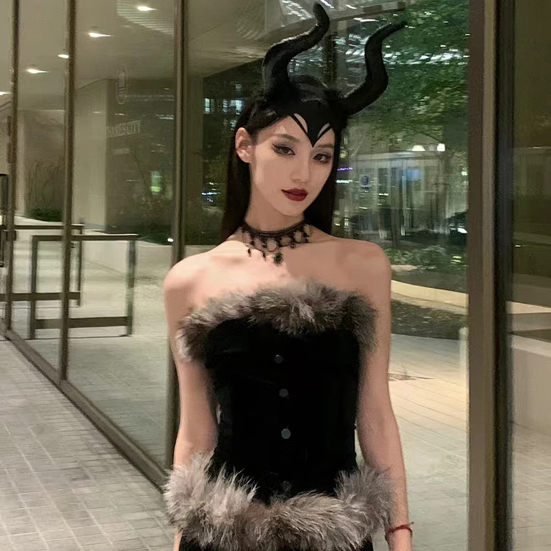 Maleficent czarna królowa Cosplay ciemna czarownica demon róg naszyjnik zestaw akcesoriów Halloween rekwizyty do Cosplay gotyckie akcesoria do włosów