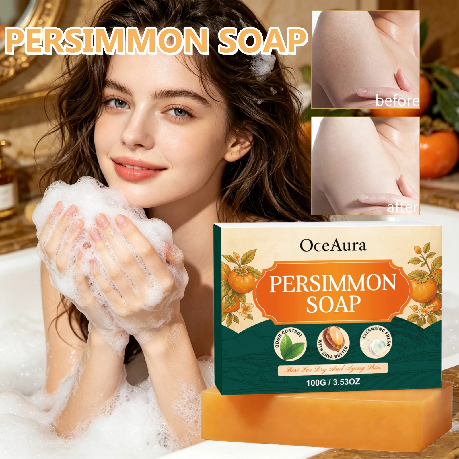 Refreshing Persimmon Deodorizing Cleansing Soap Odor Remover Moisturizing Soothing Repair Dry Rough Natural Daily Body Wash Soap