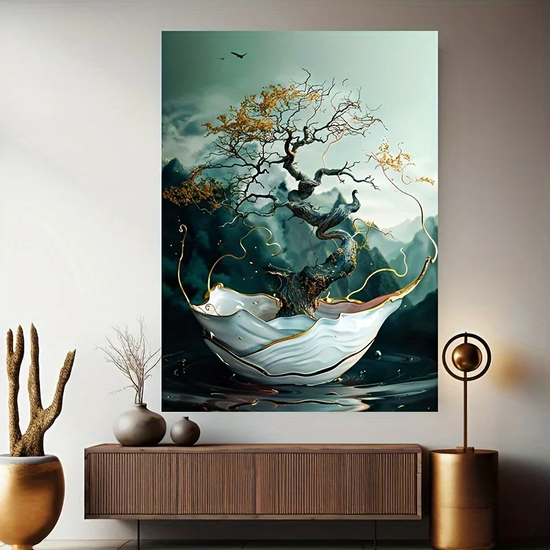 Frameless canvas paintings,Modern Abstract Golden Green Bonsai Poster and Prints Landscape Art Canvas Painting Wall Art Picture