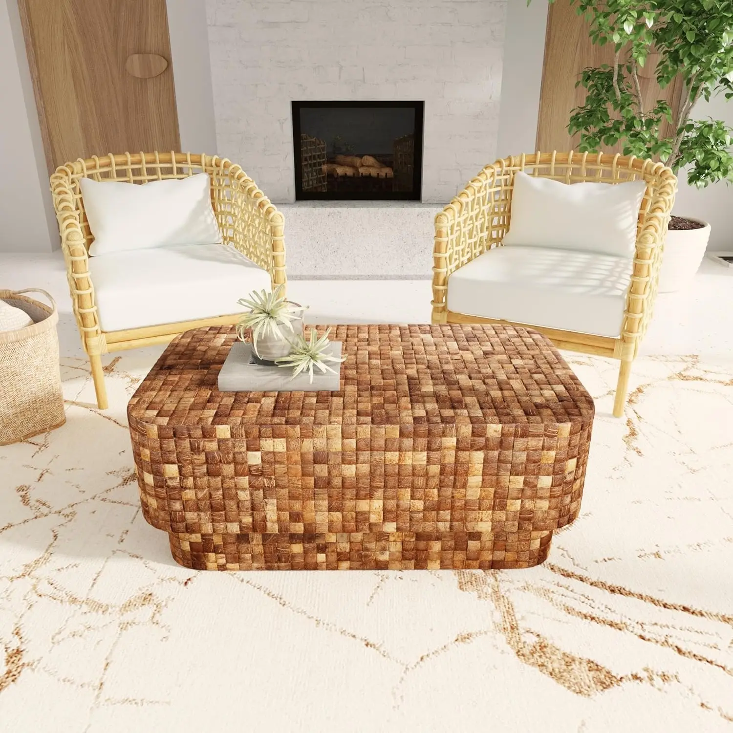 East At Main Indigo Road By Egypt Sherrod Samoa Rectangular Coconut Shell Coffee Table, Handcrafted Eco-Friendly Mosaic Design