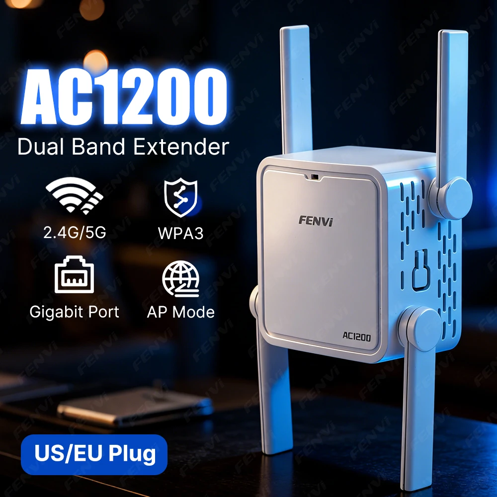 

5Ghz AC1200 WiFi Repeater 1200Mbps Wireless Extender Amplifier Dual Band 2.4G/5GHz Wi-Fi Signal Booster Long Range Signal Router