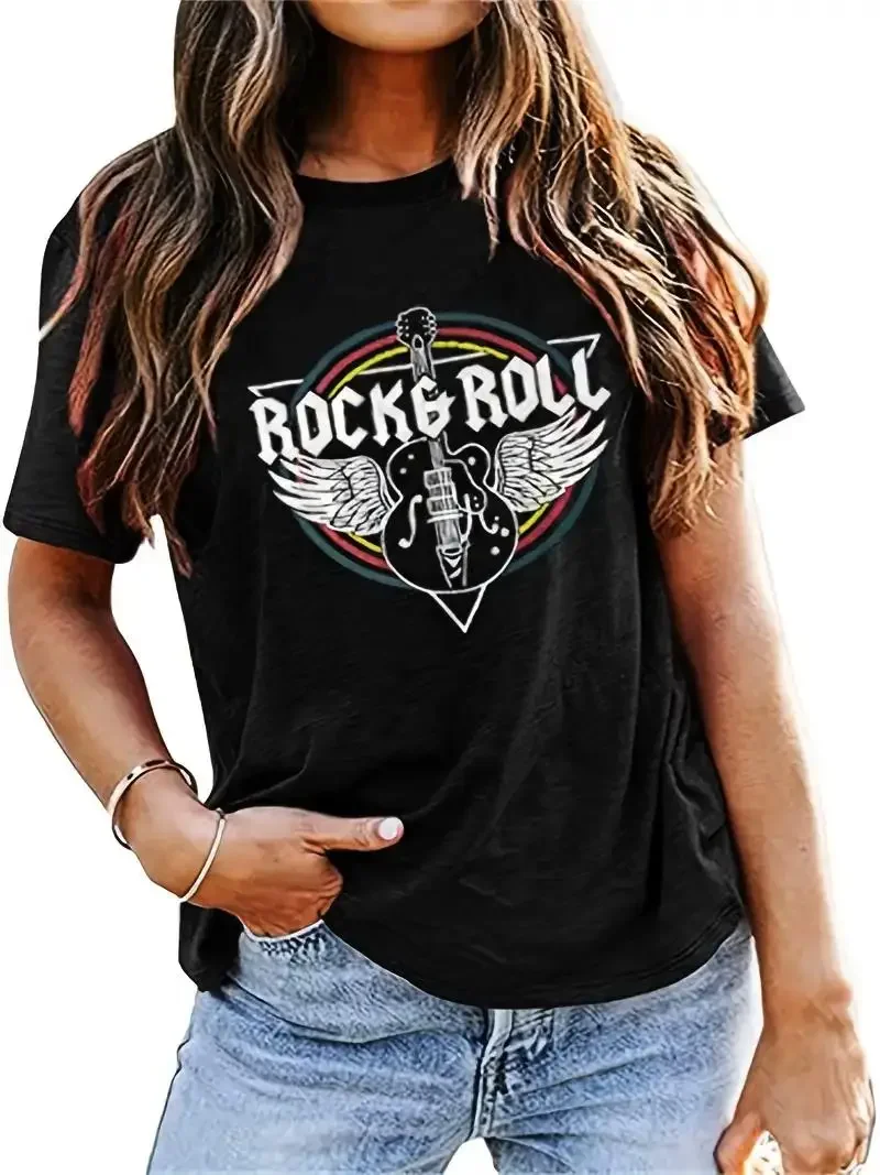 Rocks Rock Music Printing T-Shirt Women Daily Fashion Tee Shirt Cotton Comfortable Clothing Colorful Harajuku Short Sleeved