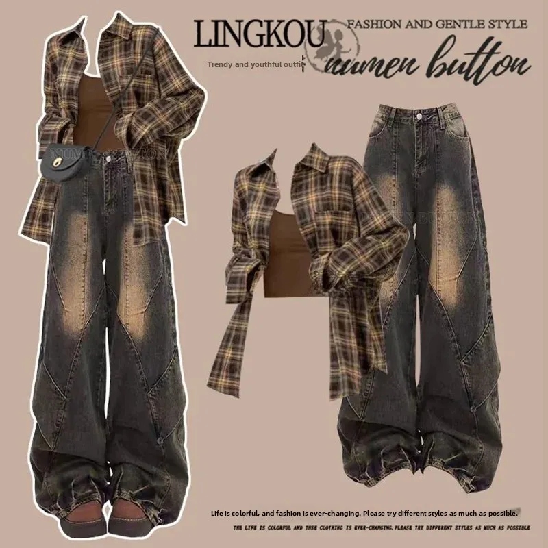 plus Size Women's Autumnal Slimming Denim Set Loose Wide Leg Pants High Waist Camisole Shirt Three Piece Ensemble Fashionable