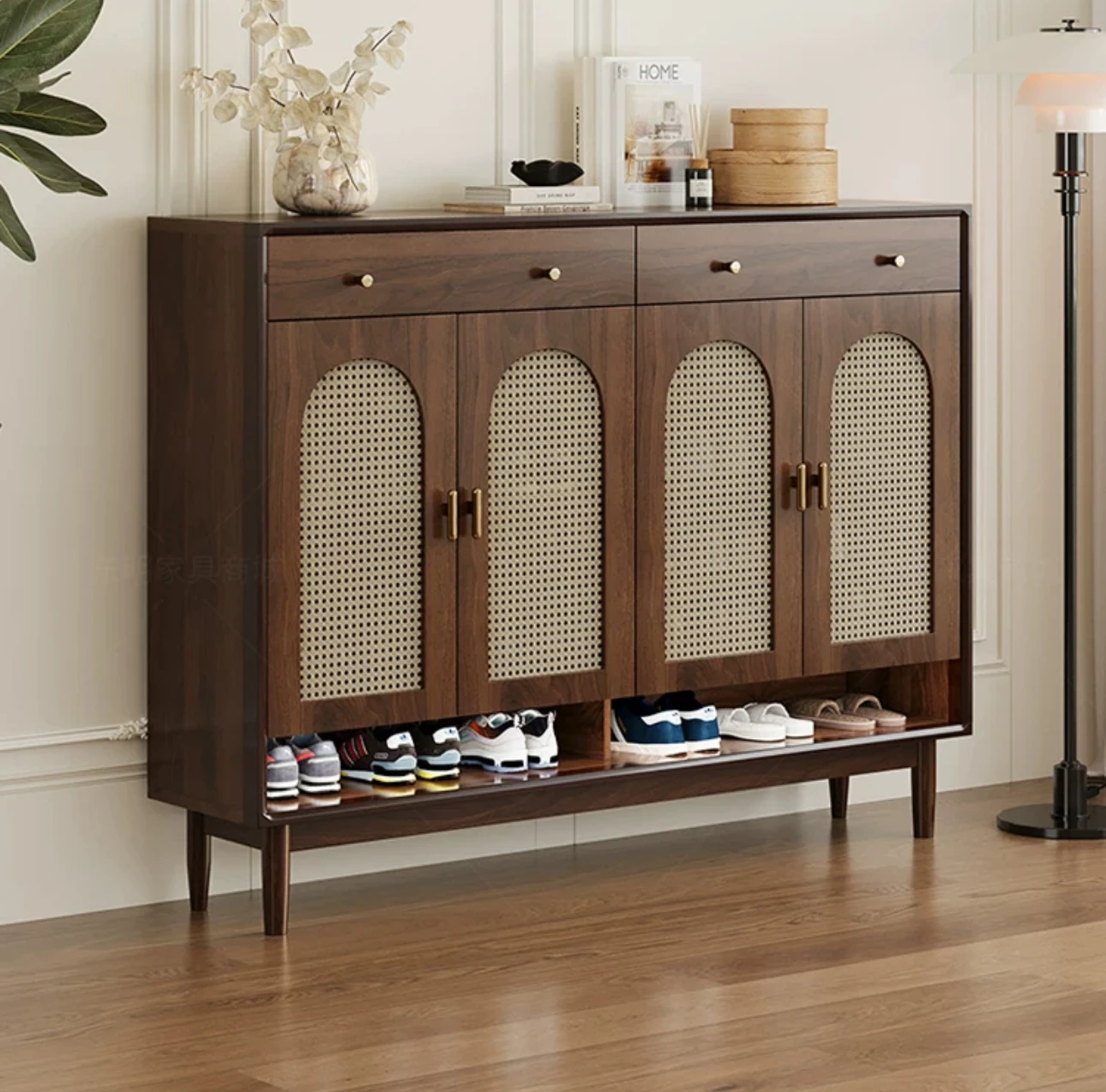 Vine-woven shoe cabinet Home door solid wood frame retro porch cabinet living room simple modern storage cabinet locker