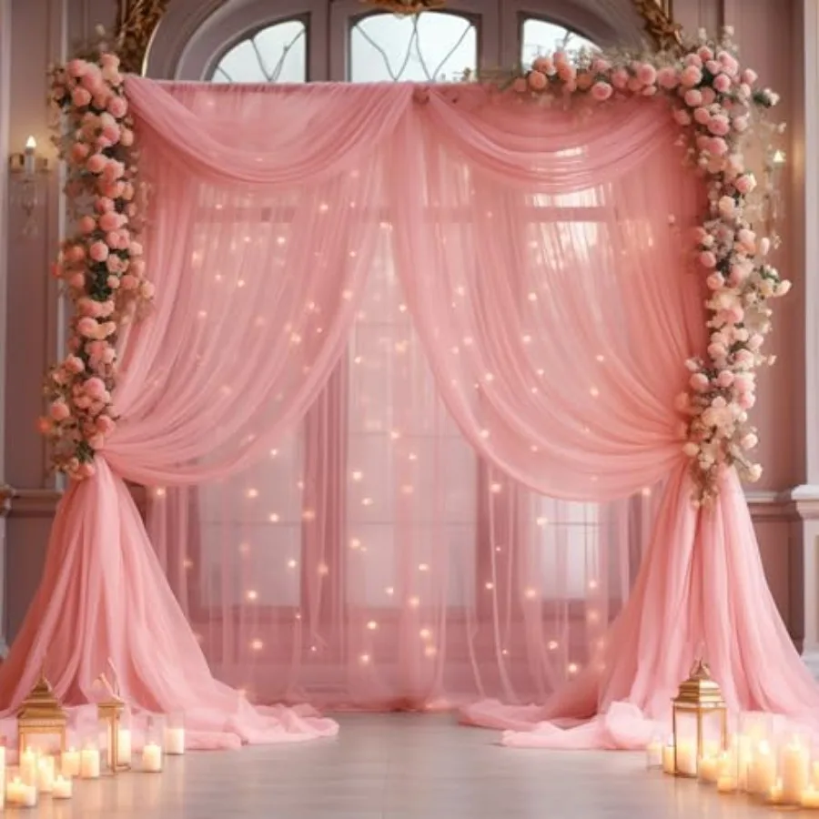 

20×10ft Dusty Rose Tulle Backdrop Curtain with Lights String for Parties, Sheer Curtain Backdrop Drapes for Wedding Party Home