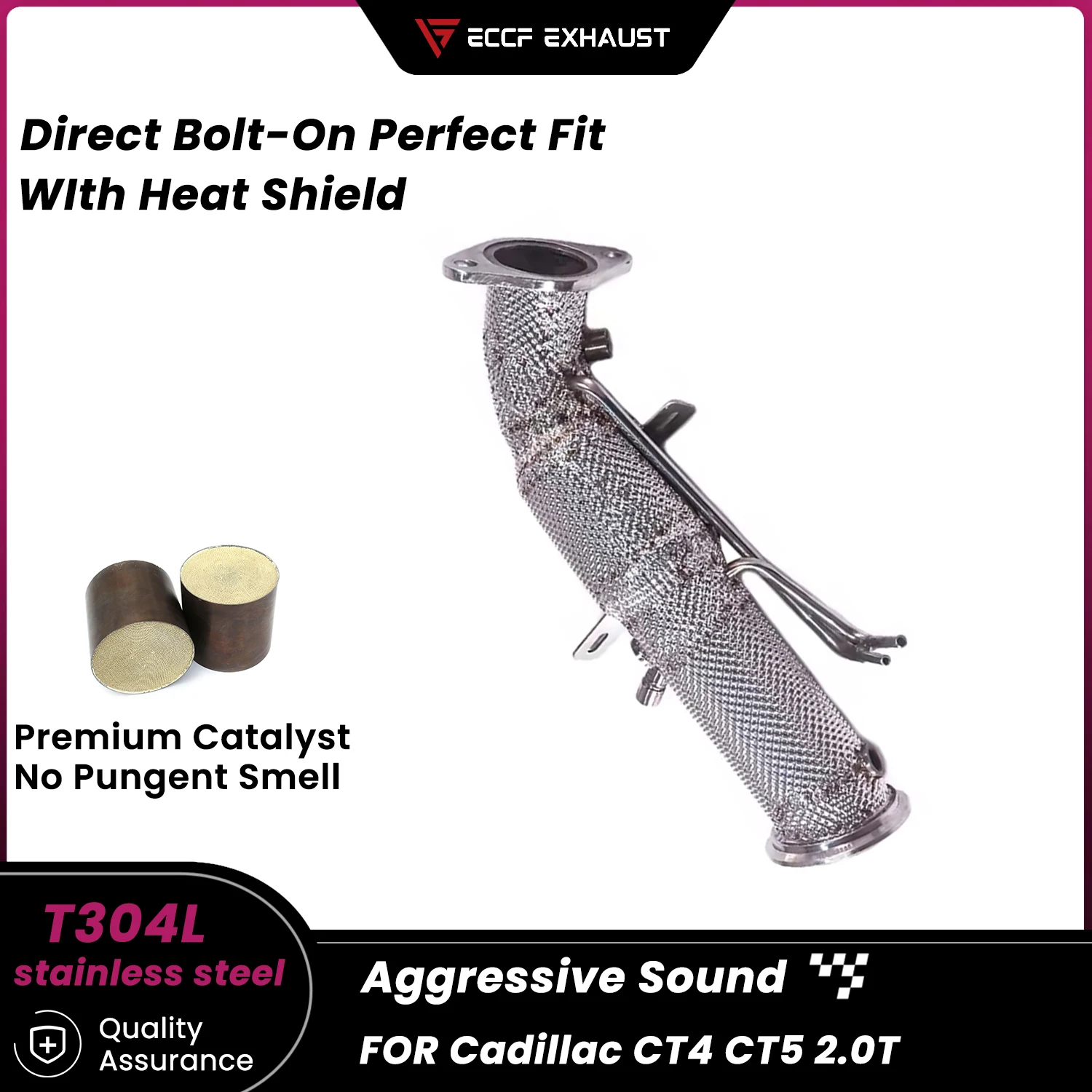 

Stainless Steel Downpipe With Heat Shield For Cadillac CT4 CT5 2.0T Aggressive Exhaust Sound High Flow Performance Upgrade