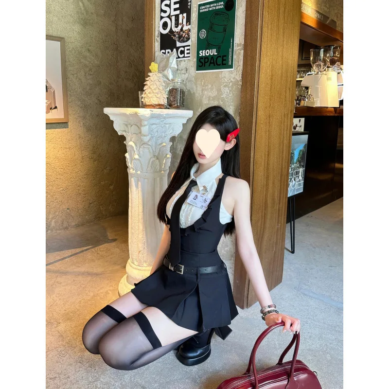 

American Sle Spicy Girl ort Skirt Set Svel Hemmed Waist Cinch irt High Waist Slimming School Sle Two Piece Set