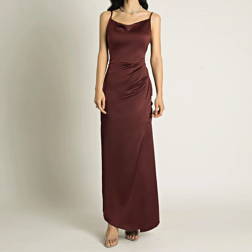 

Customized Temperament Satin Spaghetti Straps Evening Dress Formal Square Neck Straight Sleeveless Special Occasion Gowns