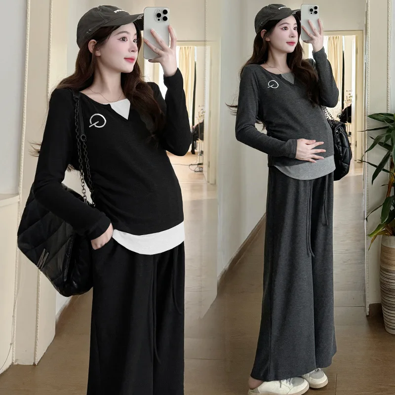 2025 ملابس الحمل المريحة الشتاء وهمية طبقتين متماسكة مع بنطال ذو قصة أرجل واسعة الاسترخاء الأمومة قطعتين مجموعة مريحة