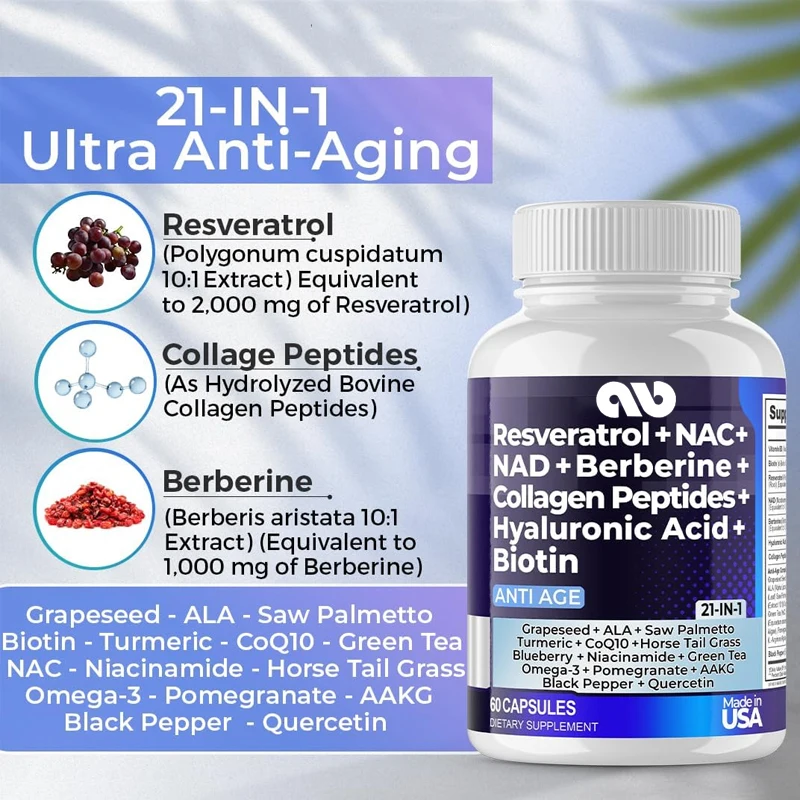 

Resveratrol NAD+Aspartate Hyaluronic Acid Grape and Blueberry+NAC Collagen Peptide Hair, Nail, Skin, and Joint Supplements