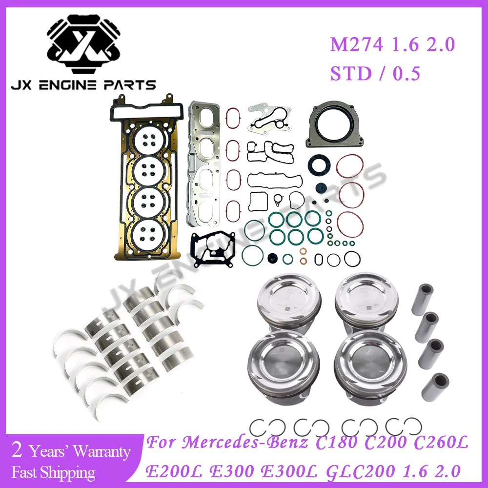 M274 Engine Rebuild Piston Bearing Gasket Set For Mercedes-Benz 1.6 2.0 C180 C200 C300L E180L E260L E300 GLC200 SLC200 1.6L 2.0L