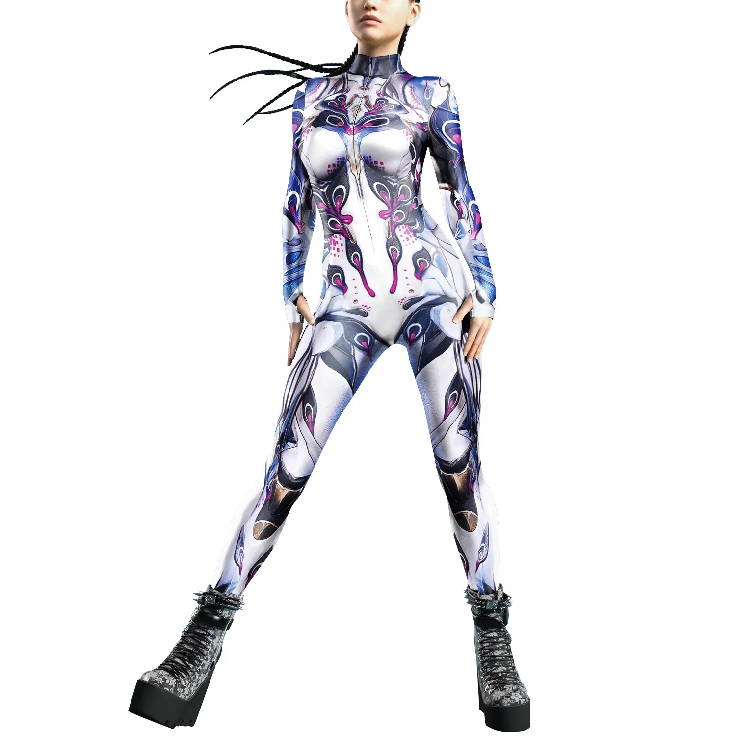 Teanoon Punk Costume for Women Front Zipper Carnival Party Zentai Bodysuit Female Robot Catsuit Purim Cosplay Clothes