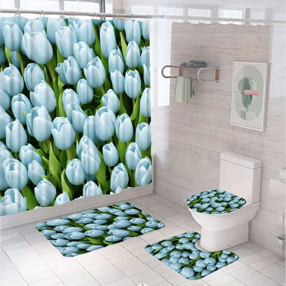 Tulip Flower Bathroom Curtains Floral Field Fabric Shower Curtain Set Bath Mats Rug Toilet Lid Cover Anti-skid Carpet Home Decor