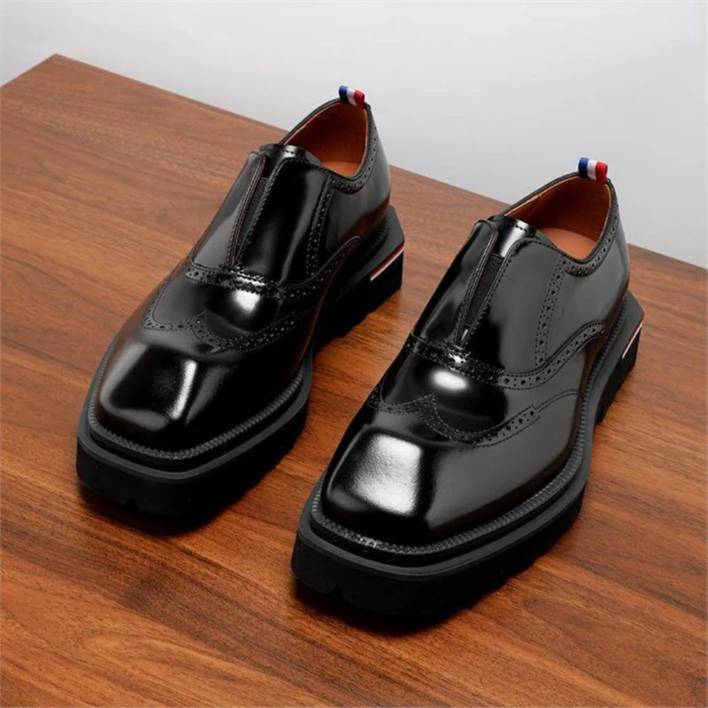 2026 Summer Premium Shiny Genuine Leather Brogue Men Shoes Slip on Thick Sole Height Increasing Casual Business Leather Shoes