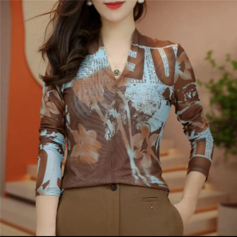 Women's Clothing Vintage Print Elegant Fashion Mesh T-shirts Spring Autumn Casual V Neck Long Sleeve Slim Office Lady Basic Tops