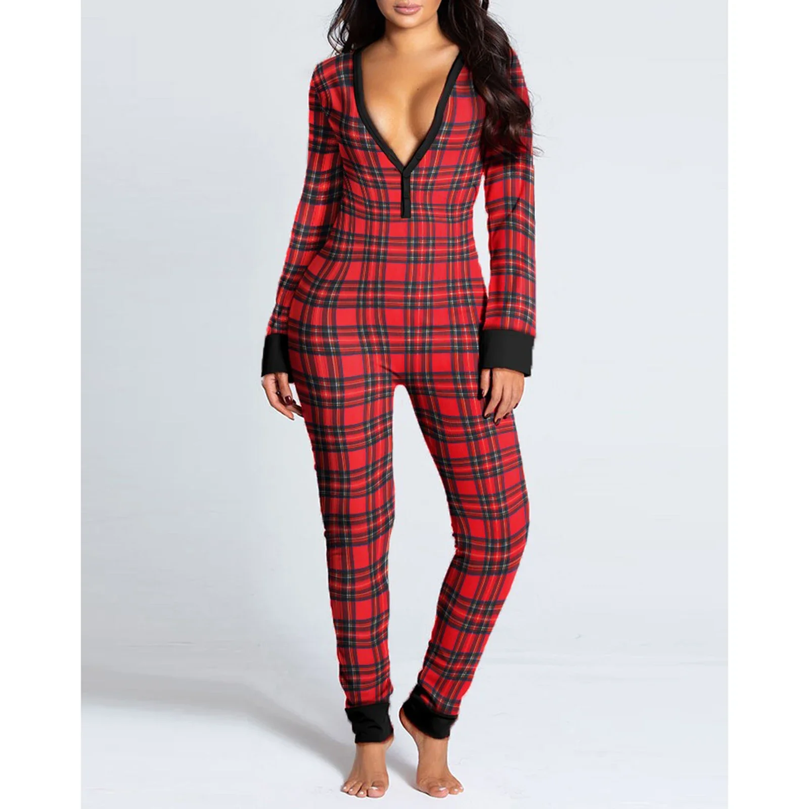 

FUFUCAILLM Women Fashion Christmas Jumpsuits Red Plaid V-neck Button Long Sleeve Bodycon Bodysuits Romper Lougewear Xmas Costume