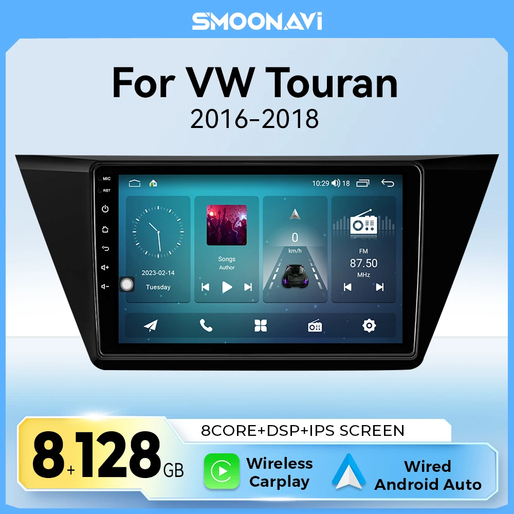 Lettore autoradio Carplay senza fili per VW Volkswagen Touran 2016-2018 Android 14 IPS Multimedia 8 Core GPS DSP 4G Wifi Stereo