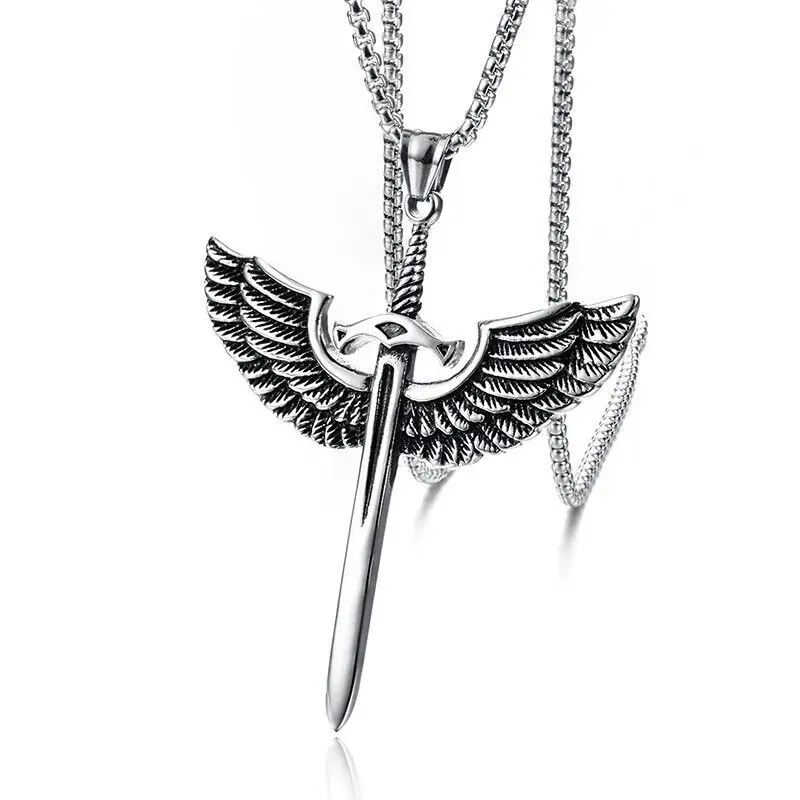 Vintage Mens Archangel Michael Angel Wing Sword Pendant Stainless Steel Necklace Chain Accessories Free Shipping Items