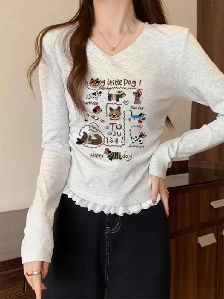 تي شيرت نسائي فريد من نوعه جميل مزين بالدانتيل طويل Sve بقصة ضيقة ومتعدد الاستخدامات أوائل الخريف وخصر عالٍ على شكل حرف V ناعم ومريح... #4