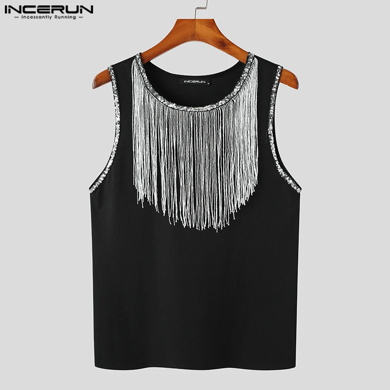 INCERUN Tops 2023 American Style New Men\'s Flash Fabric Tassel Design Tank Tops Casual Well Fitting Male Hot Selling Vests S-5XL