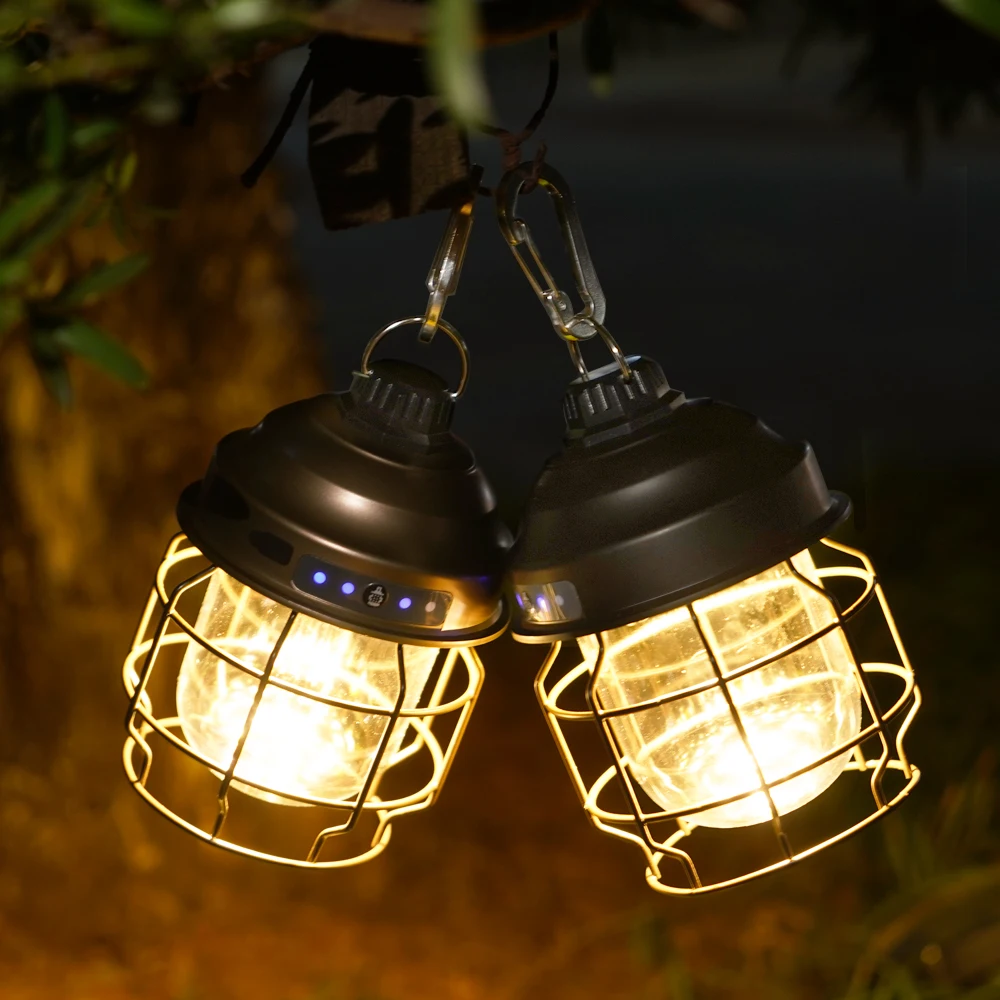 Vintage Metal Hanging Camping Lanterns 3600mAh Battery Powered Warm Light Led Camp Lantern Rechargeable Tent Light For Outdoor