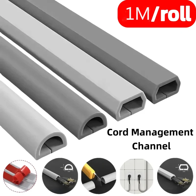 Canal Flexível para Gerenciamento de Cabos de 1M, Capa Decorativa Invisível para Fios, Protetor Anti-Pisada, Calha Adesiva para Cabos com Tampa
