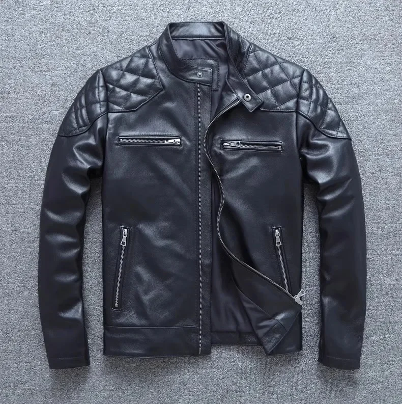 

LNY Shop Top.Classic Motor Rider Short leather jacket.Mens black Slim cowhide coat.quality Wholesale natural cloth.