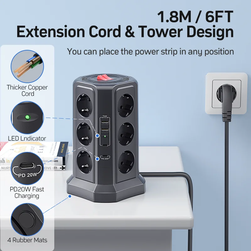 Eu 12-bit multi-socket power board 4000W16A, 2 USB A and 2 USB C ports, black model with 1.8M extension cable, top merge switch