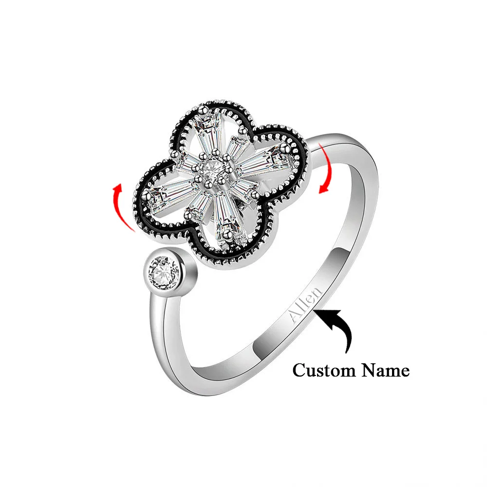 

Personalise 925 Silver Custom Name Clover Zircon Rings Spinning Unzip Ring Anxiety Ring Fashion Women's Jewelry Mom Gift