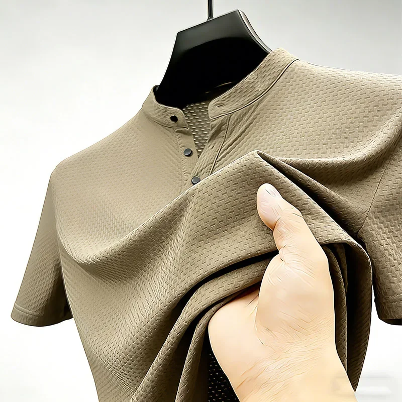 Men's Solid Color Short Sleeve Polo Shirt with Waffle Weave Design Stand Collar Base Layer Ideal for Hiking Running and All Day