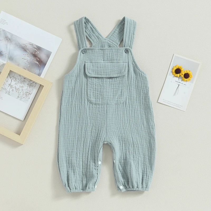 Casual Baby Girls Boys Rompers Solid Color Sleeveless Straps Jumpsuits Summer Infant Clothes Pocket Bodysuits Overalls