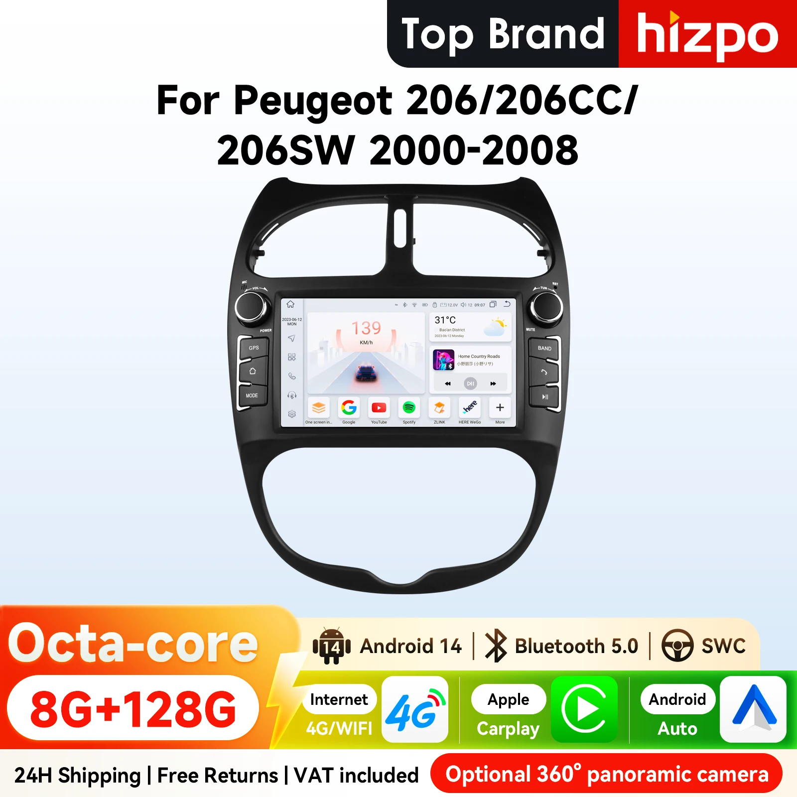 7 "Algpo Android Auto Radio für Peugeot 206 206CC 206SW 2000 - 2008 4G BT Auto CarPlay RDS DSP GPS Navigation UIS7862 Multimedia