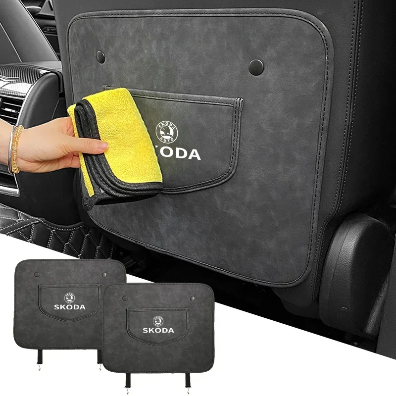 

Leather Anti-Kick Pad Car Waterproof Seat Back Protector Cover with Storage Bag For Skoda Fabia Kamiq Karoq Kodiaq Octavia Rapid