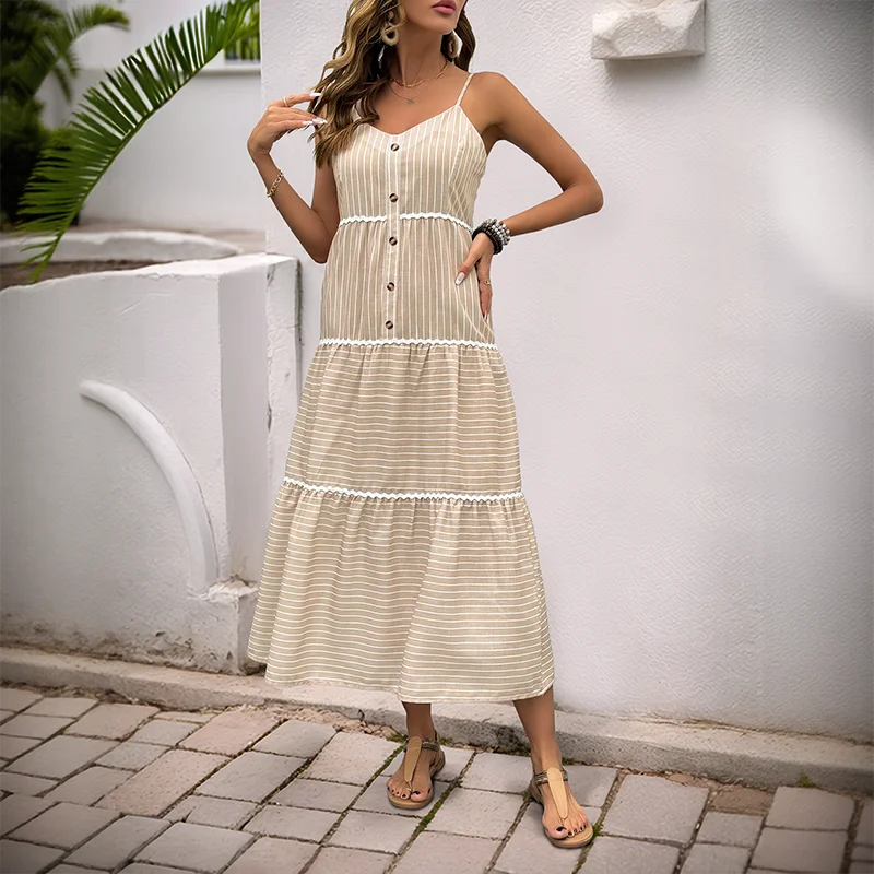 Benuynffy Gestreiftes vorderes Knopf-lässiges Cami-Kleid mit V-Ausschnitt, Damenmode, Urlaub, lockere große Schaukel, lange Kleider, Sommer 2025, Neu