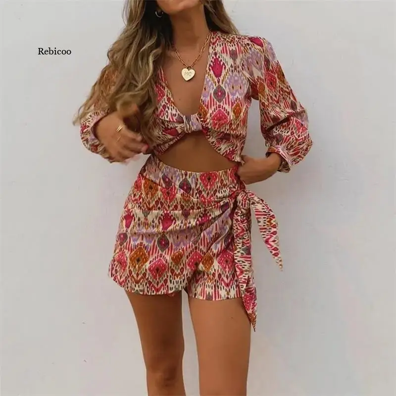 

Women Sets Print Skirt Shorts Woman Floral Top Female Long Sleeve Knot Crop Top Summer Suits Vintage High Waist Shorts