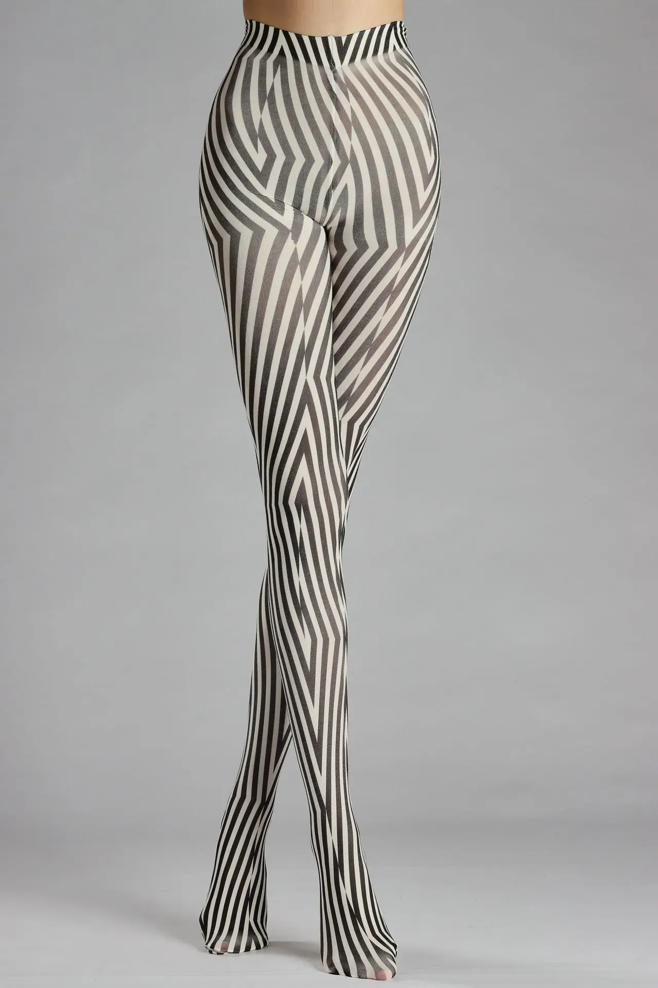 Personality Geometric Stripe Print Black White Women's Pantyhose Polyester Hottie Sexy Irregular Plaid Tights