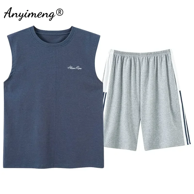 Mens Sleeveless Pajamas Set L-4XL Summer Cotton Vest Singlet Loungewear 2 Pieces Set Shorts Nightwear Casual Sleepwear for Boy