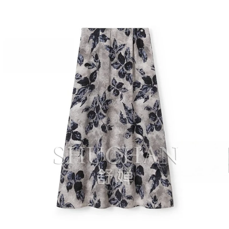 

22 Mmi Elastic Heavy Crepe Silk Printing A Word Big Pendulum Versatile Skirt Women's Summer 2025