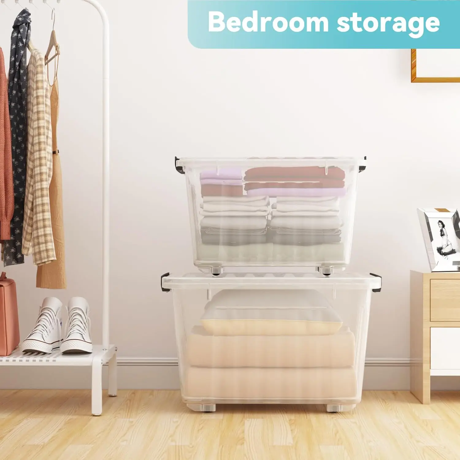 72 Quart Stackable Nestable Storage Bins with Lids and Latches, Clear Plastic Containers (6-Pack)